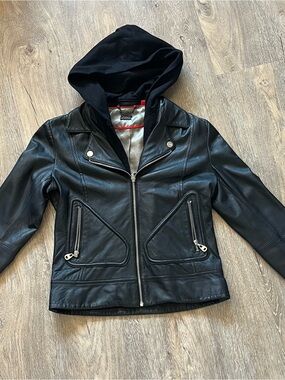 Doma Black Leather Moto Jacket w/ removable hood